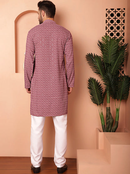 Men'S Magenta Embroidered And Sequence Kurta With Pyjama.