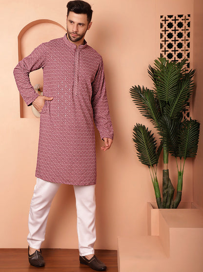 Men'S Magenta Embroidered And Sequence Kurta With Pyjama.