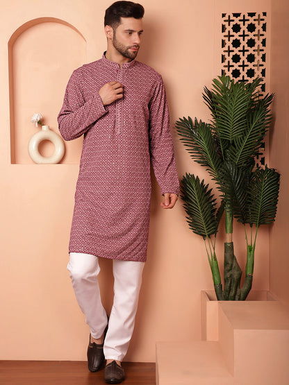 Men'S Magenta Embroidered And Sequence Kurta With Pyjama.