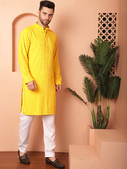 Men'S Yellow Embroidered And Sequence Kurta With Pyjama.