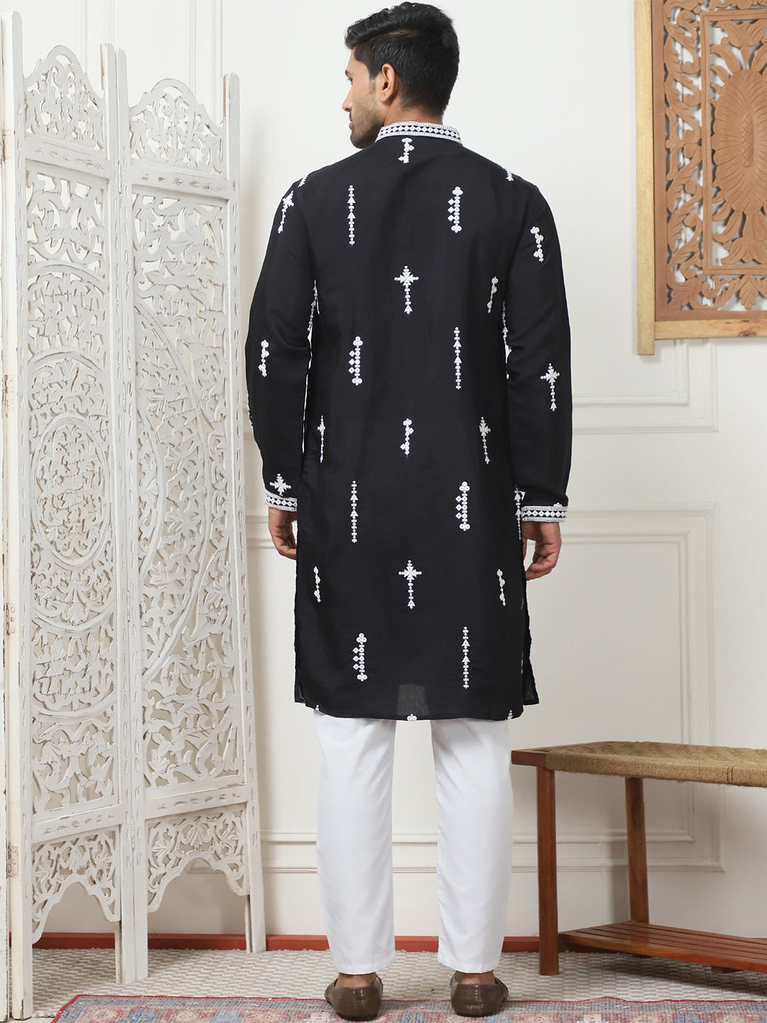Collar Chikankari Embroidered Kurta With Pyjama.