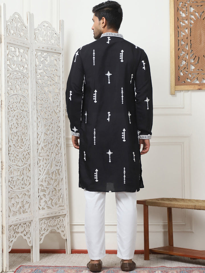 Collar Chikankari Embroidered Kurta With Pyjama.