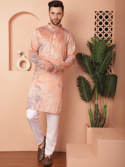 Men'S Peach Tei-Dye Printed Kurta Pyjama Set