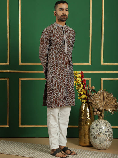 Men'S Geometric Printed Kurta With Pyjama.