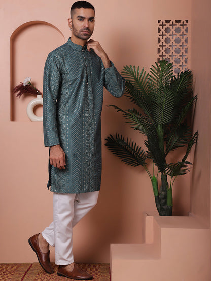 Men'S Embroidered And Sequins Kurta Pyjama Set.