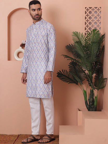 Men'S Printed And Embroidered Kurta Pyjama Set.