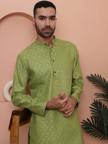Men Green Woven Design Cotton Kurta Pyjama Set