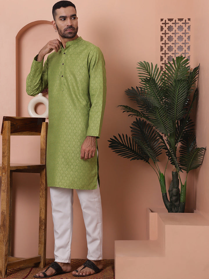 Men Green Woven Design Cotton Kurta Pyjama Set