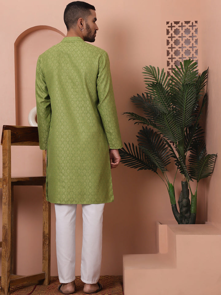 Men Green Woven Design Cotton Kurta Pyjama Set
