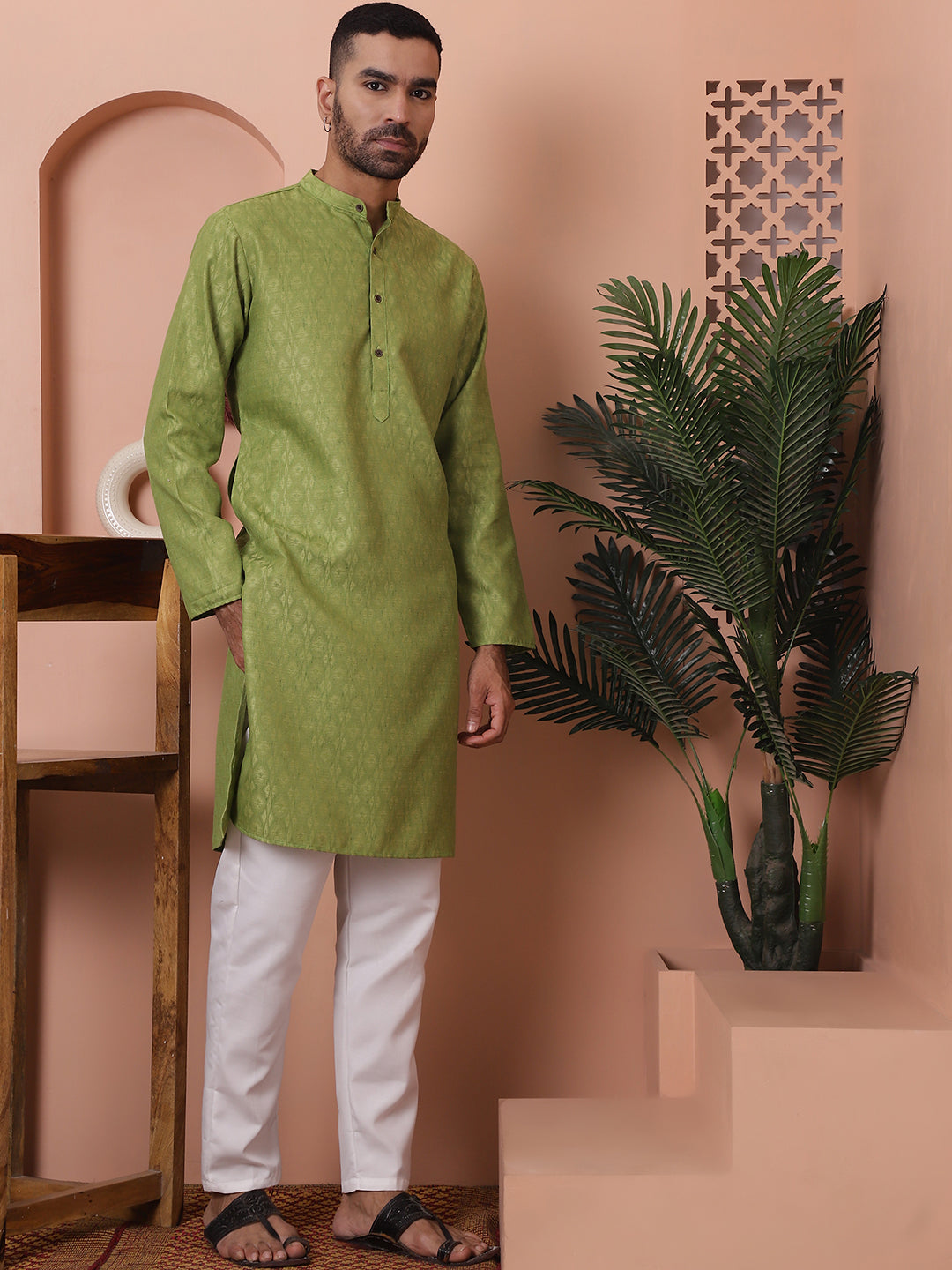 Men Green Woven Design Cotton Kurta Pyjama Set