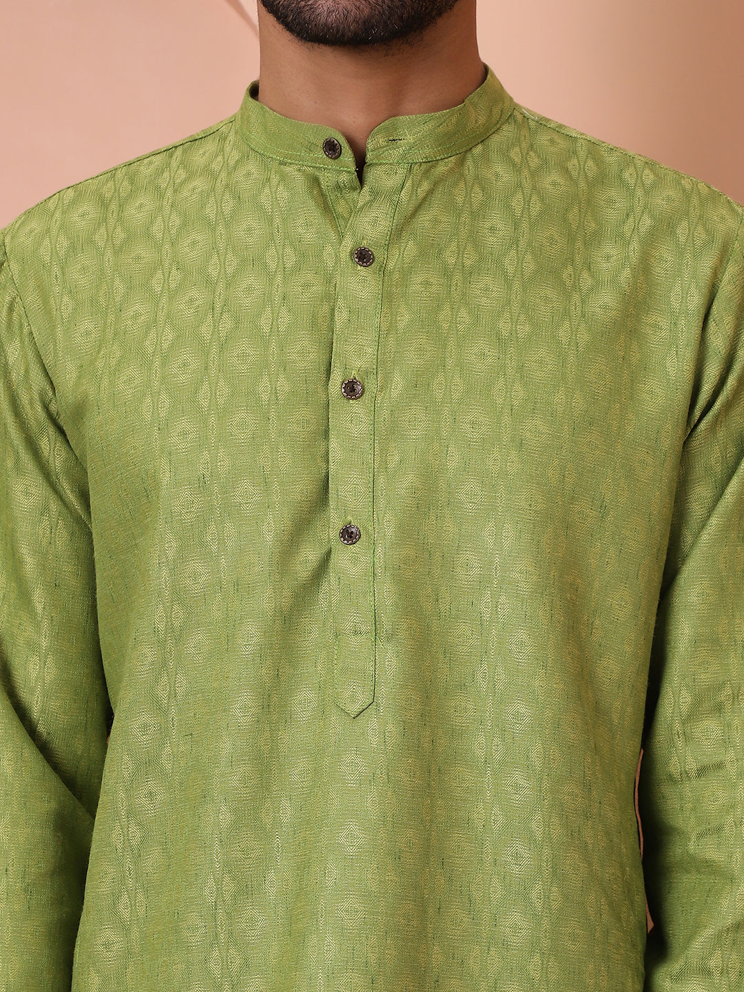 Men Green Woven Design Cotton Kurta Pyjama Set