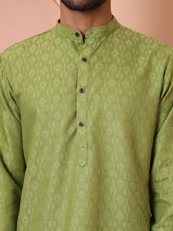 Men Green Woven Design Cotton Kurta Pyjama Set