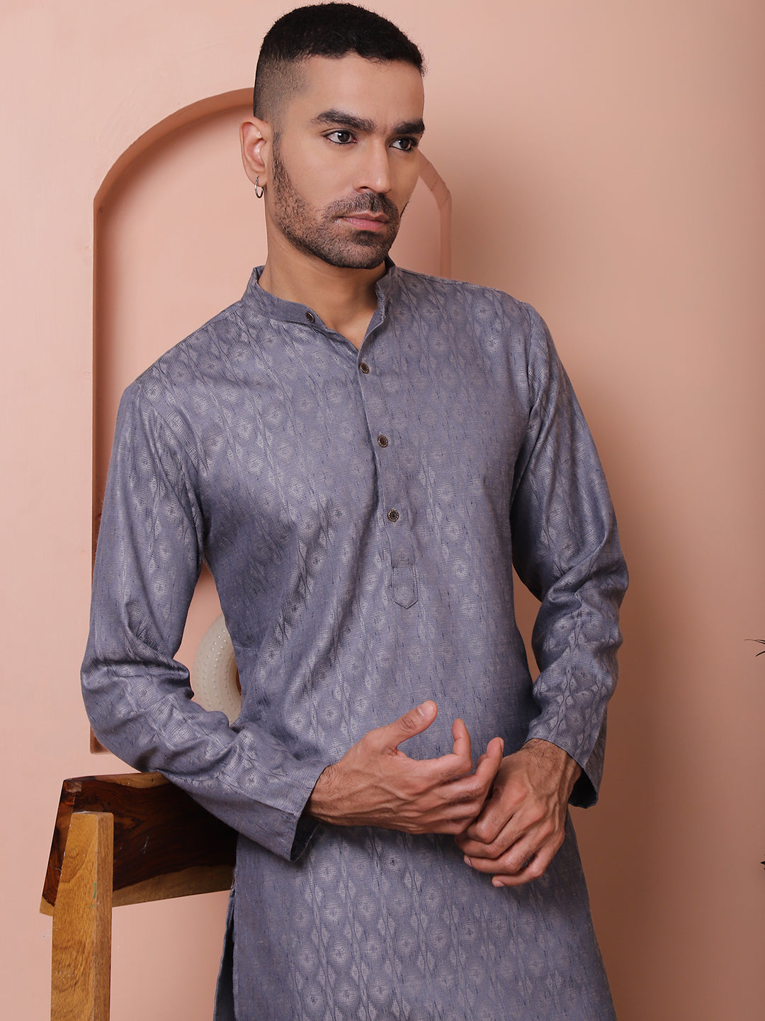 Men Grey Woven Design Cotton Kurta Pyjama Set
