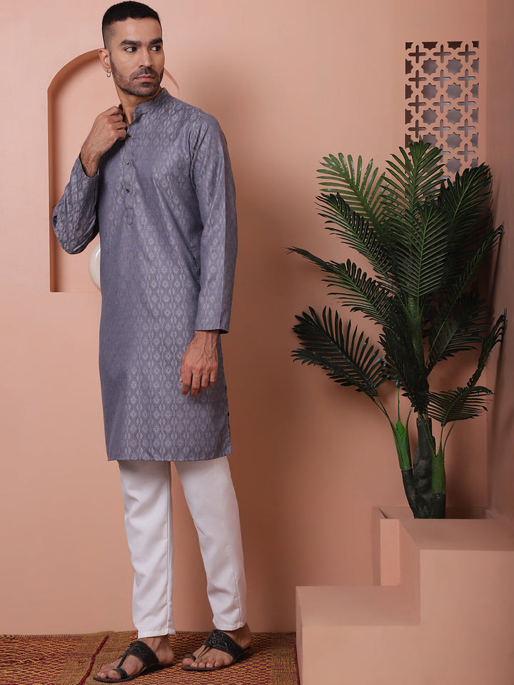 Men Grey Woven Design Cotton Kurta Pyjama Set