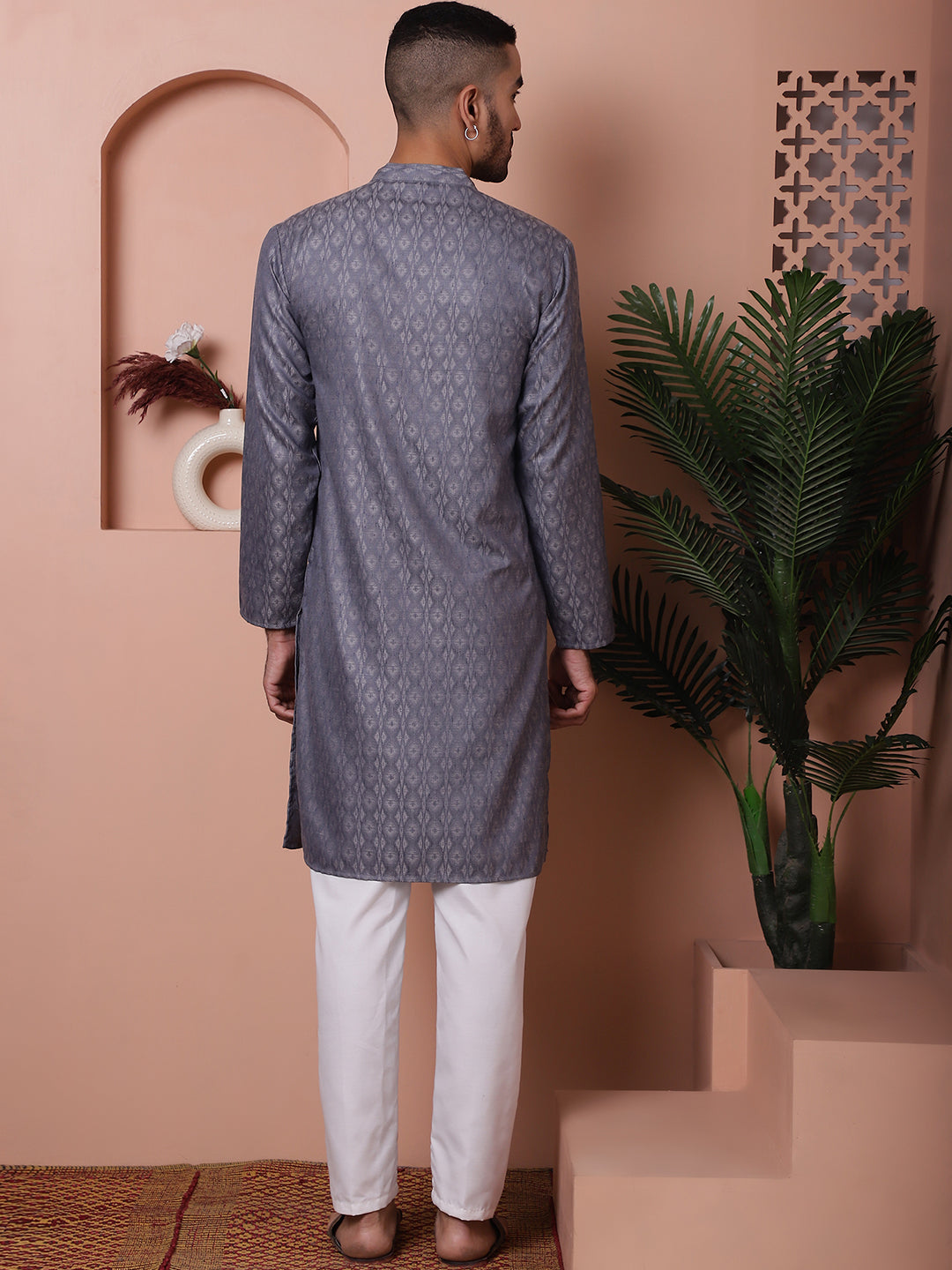 Men Grey Woven Design Cotton Kurta Pyjama Set