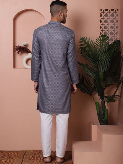 Men Grey Woven Design Cotton Kurta Pyjama Set