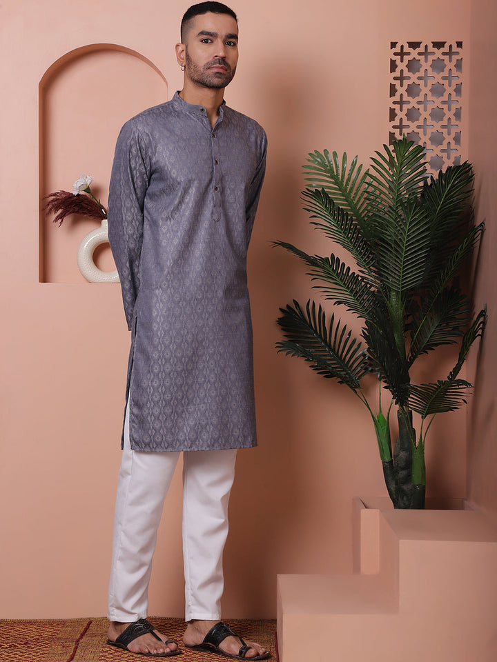 Men Grey Woven Design Cotton Kurta Pyjama Set