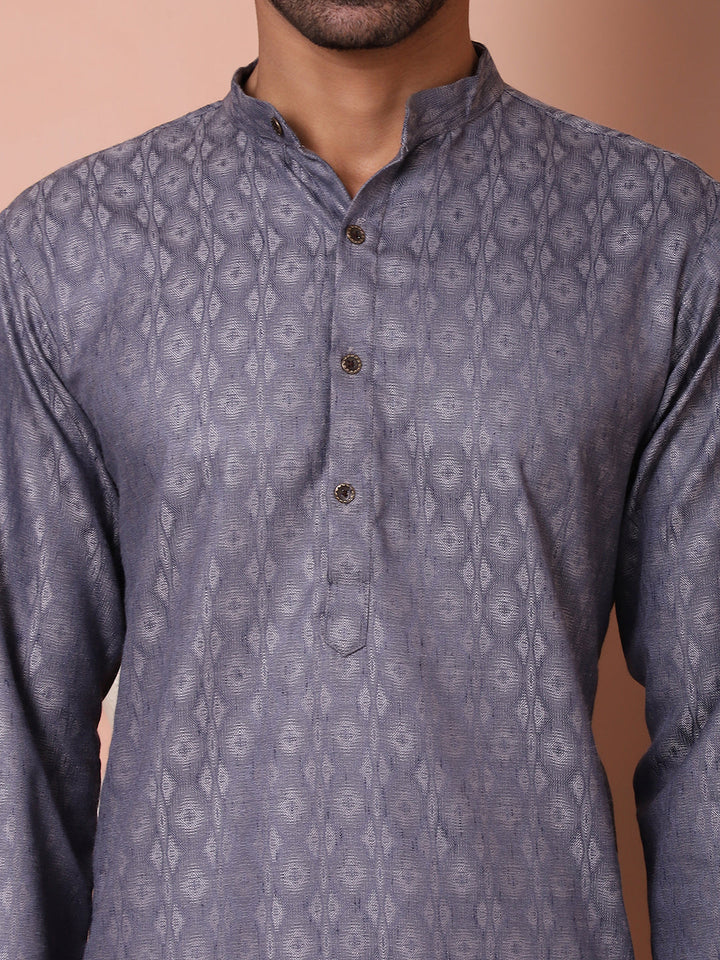 Men Grey Woven Design Cotton Kurta Pyjama Set