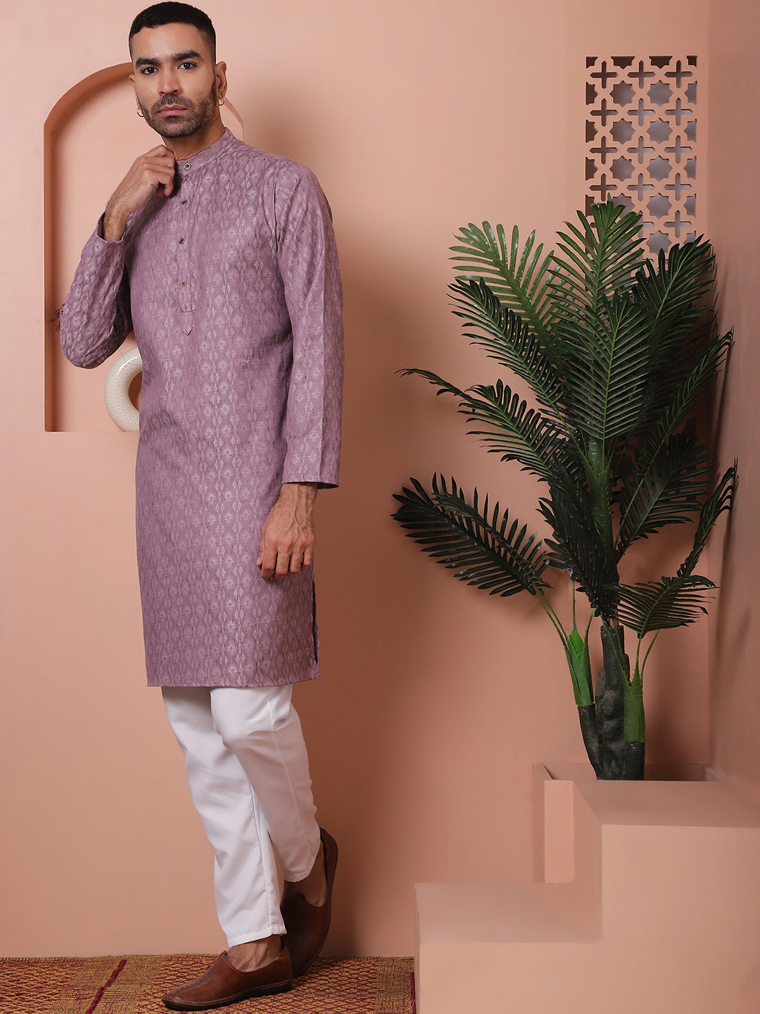 Men Purple Woven Design Cotton Kurta Pyjama Set