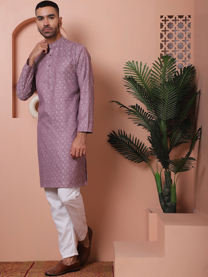Men Purple Woven Design Cotton Kurta Pyjama Set