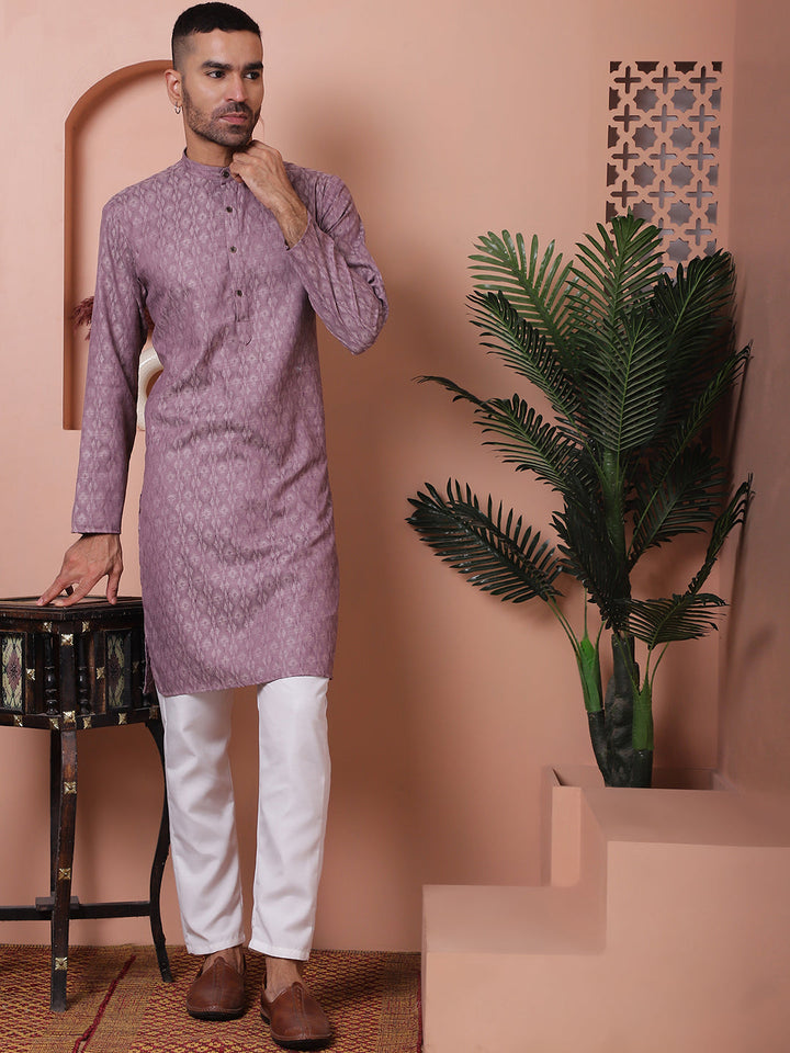 Men Purple Woven Design Cotton Kurta Pyjama Set