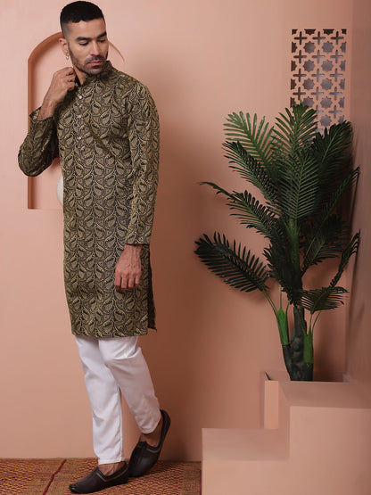 Men Black Silk Blend Straight Kurta Pyjama Set