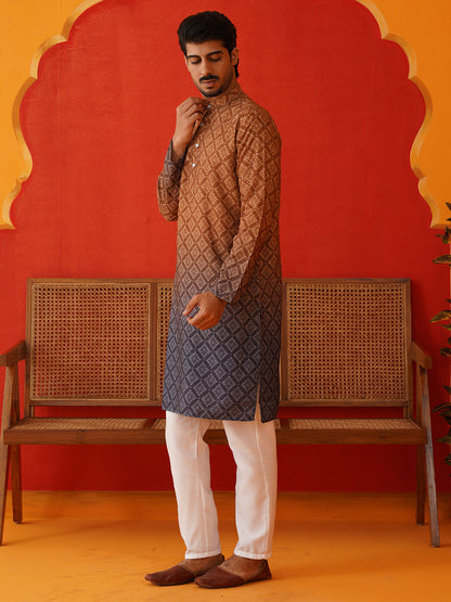 Brown Ombre Printed Kurta Pyjama Set For Men