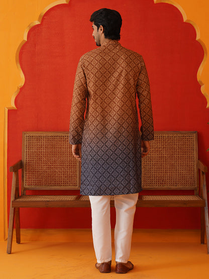 Brown Ombre Printed Kurta Pyjama Set For Men