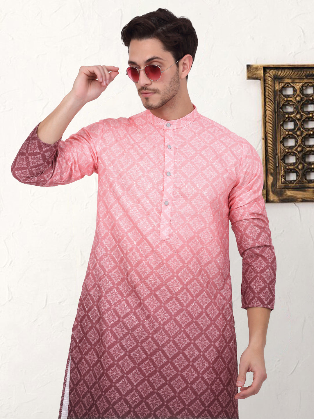 Men'S Coral Red Ombre Printed Kurta Pyjama Set