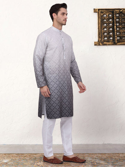 Men'S Grey Ombre Printed Kurta Pyjama Set