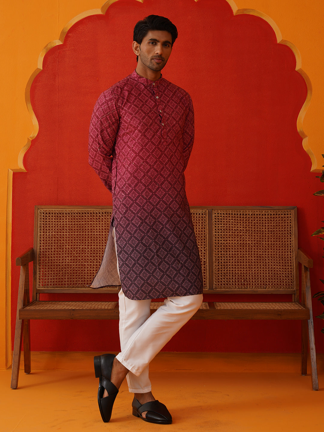 Maroon Ombre Printed Kurta Pyjama Set For Men