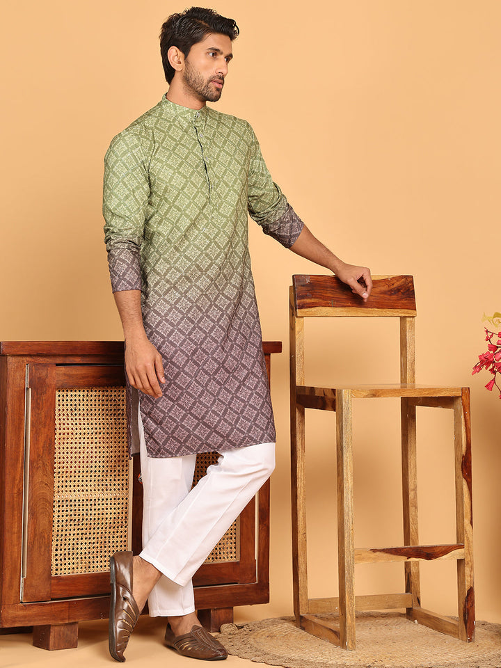 Olive Green Ombre Printed Kurta Pyjama Set For Men