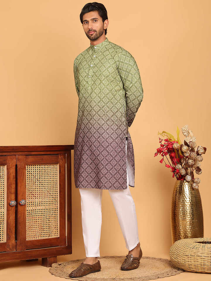 Olive Green Ombre Printed Kurta Pyjama Set For Men
