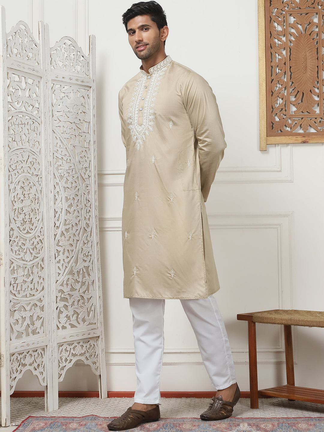 Collar Embroidered &amp; Sequin Kurta With Pyjama.