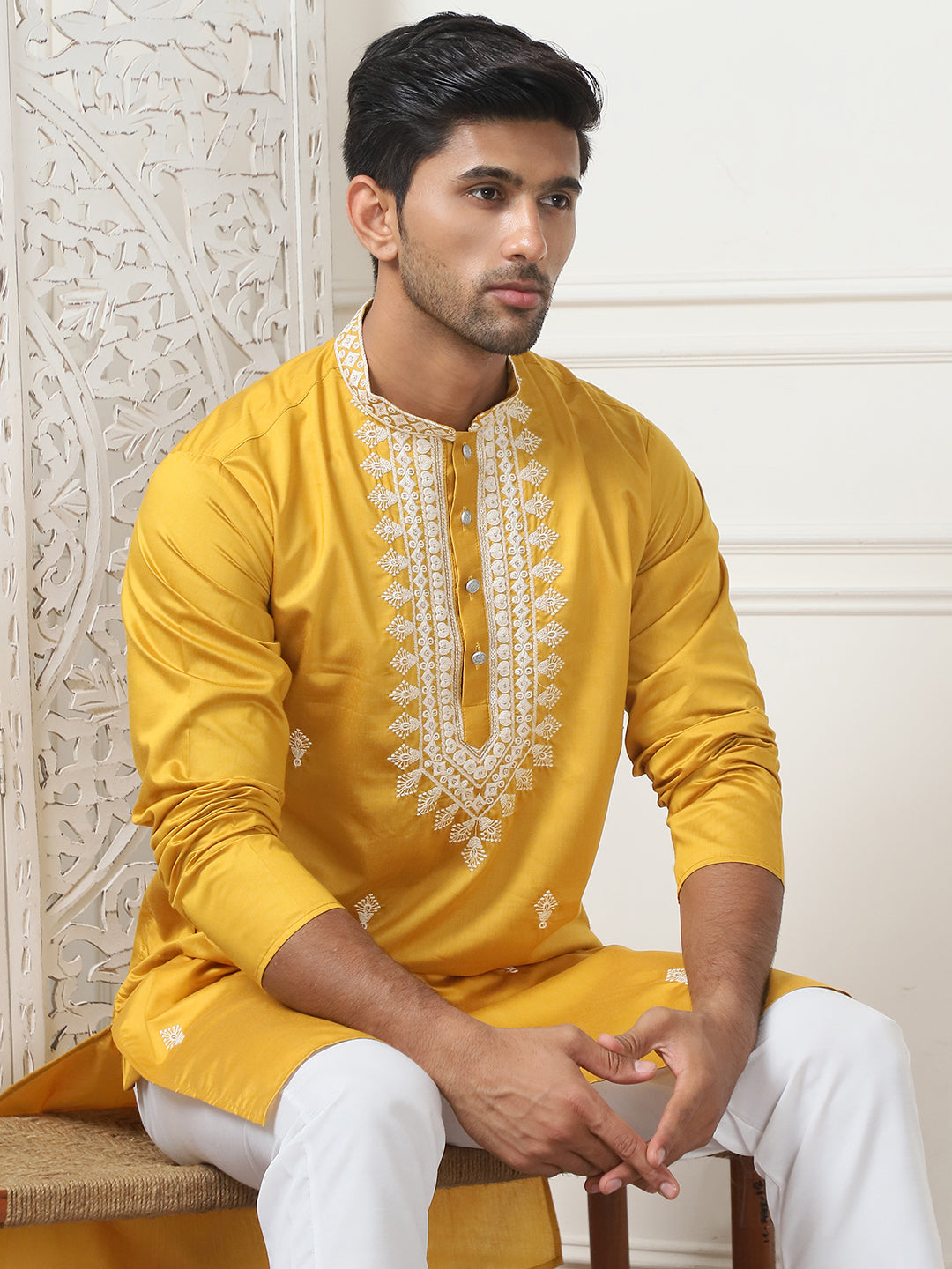 Collar Embroidered &amp; Sequin Kurta With Pyjama.