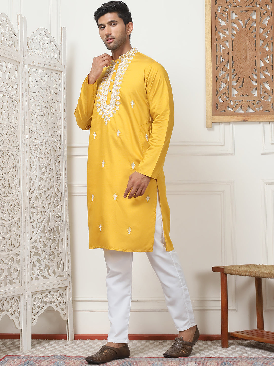 Collar Embroidered &amp; Sequin Kurta With Pyjama.