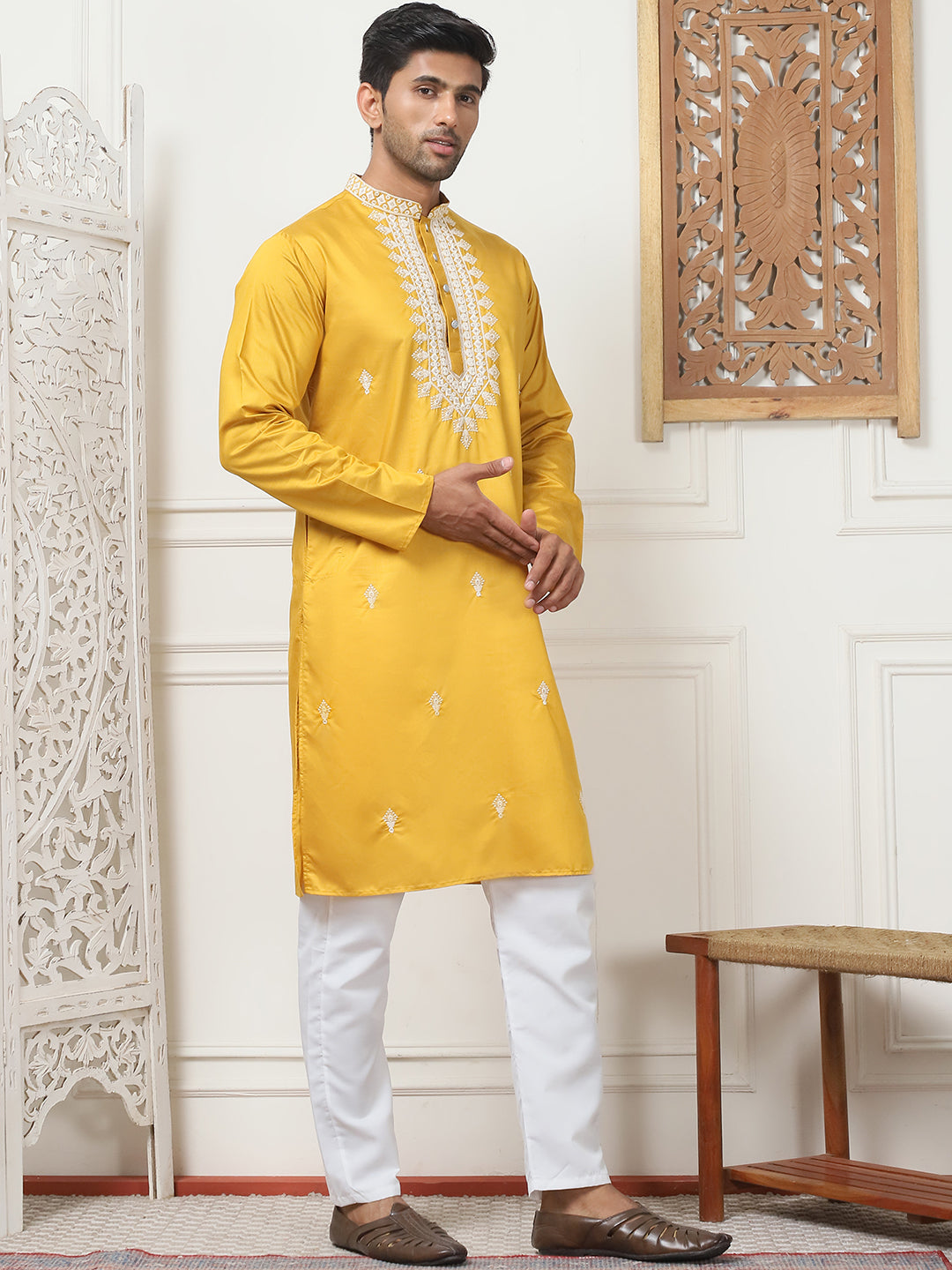 Collar Embroidered &amp; Sequin Kurta With Pyjama.