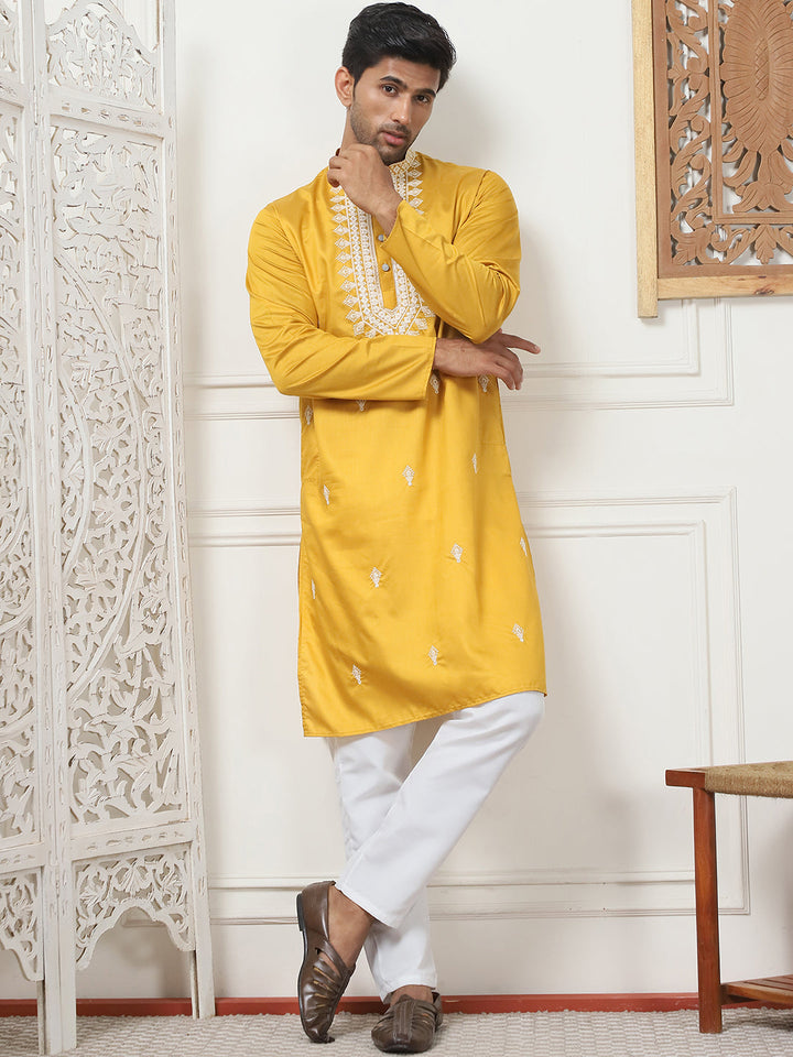 Collar Embroidered &amp; Sequin Kurta With Pyjama.