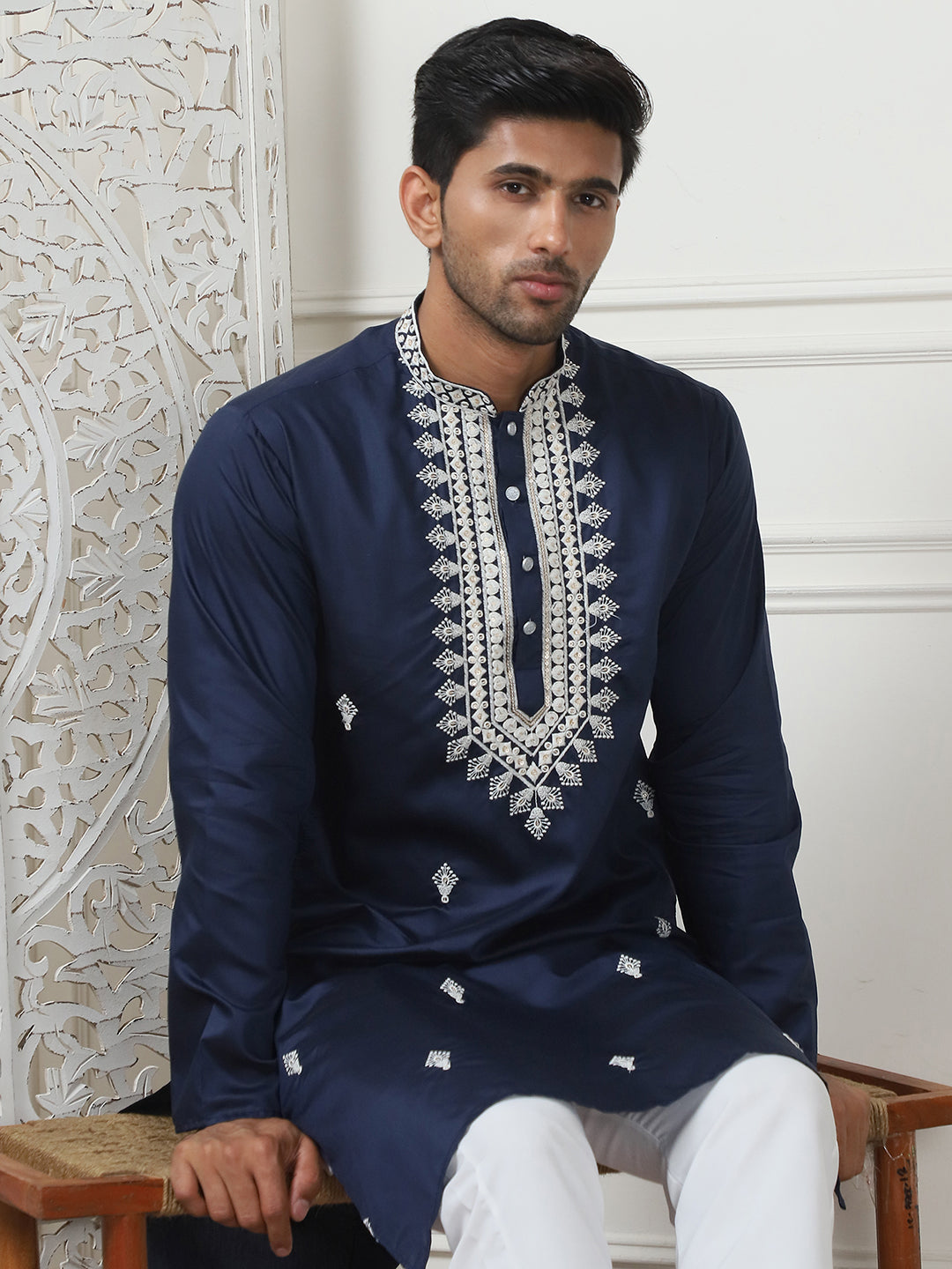 Collar Embroidered &amp; Sequin Kurta With Pyjama.