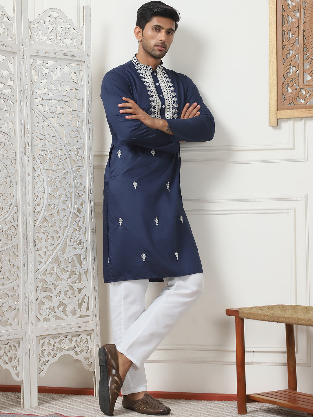 Collar Embroidered &amp; Sequin Kurta With Pyjama.