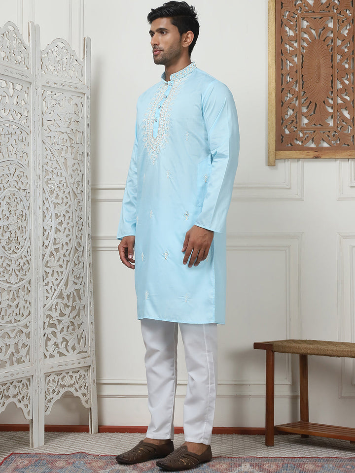Collar Embroidered &amp; Sequin Kurta With Pyjama.