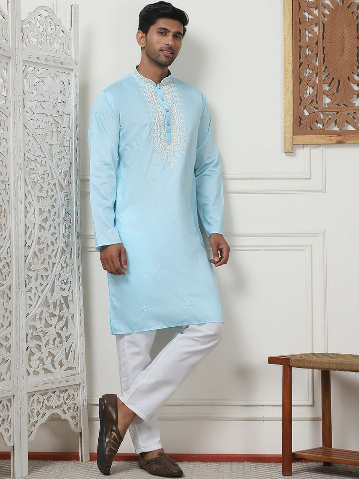 Collar Embroidered &amp; Sequin Kurta With Pyjama.