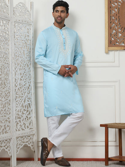 Collar Embroidered & Sequin Kurta With Pyjama.