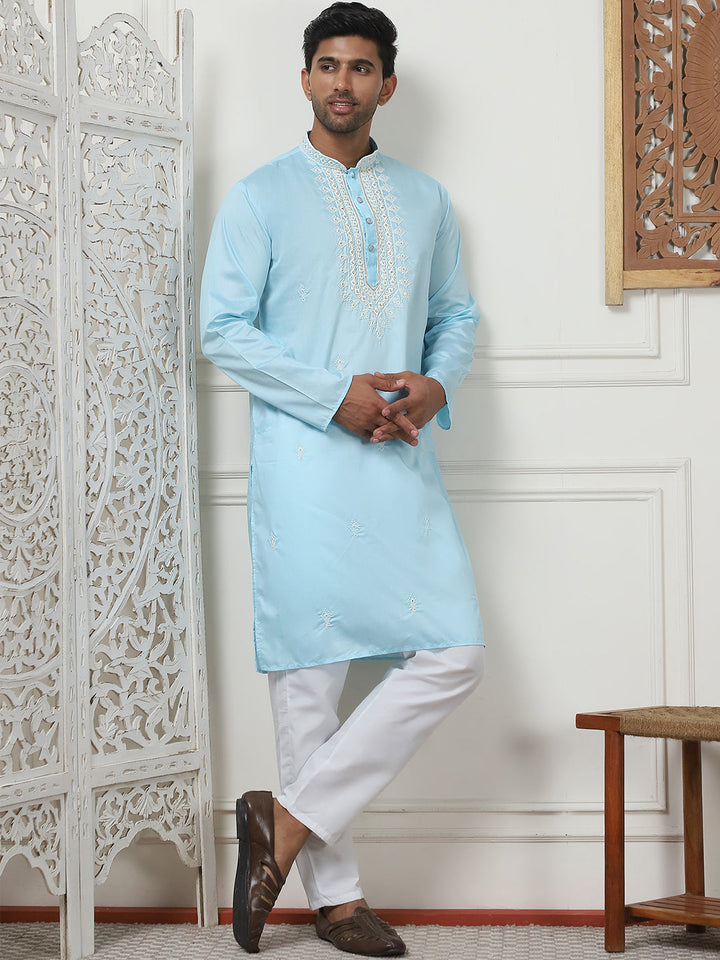 Collar Embroidered &amp; Sequin Kurta With Pyjama.