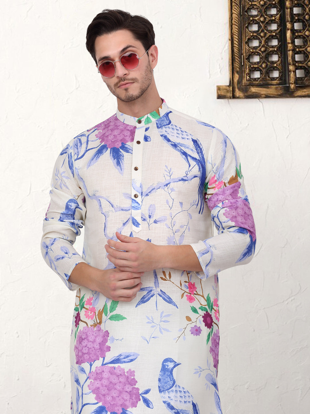Men'S Animal Printed Pure Cotton Straight Kurta Pyjama Set.