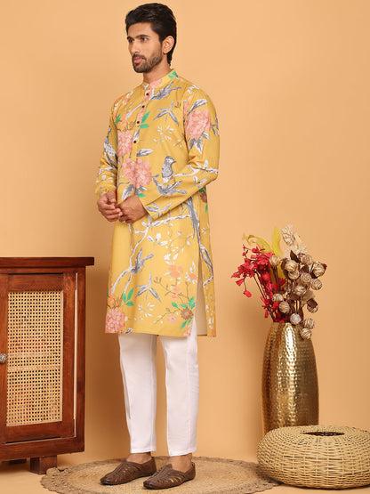 Men'S Animal Printed Pure Cotton Straight Kurta Pyjama Set.