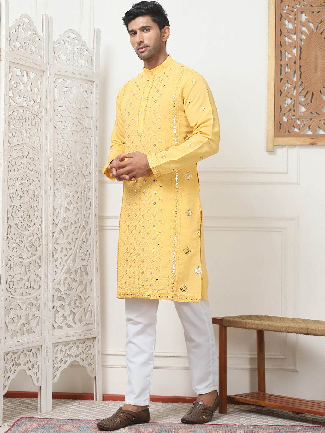 Embroidered &amp; Sequin Cotton Blend Kurta Pyjama Sets