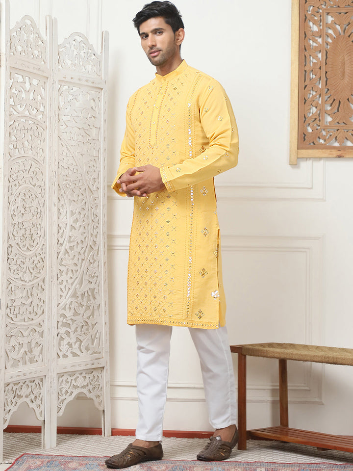 Embroidered &amp; Sequin Cotton Blend Kurta Pyjama Sets