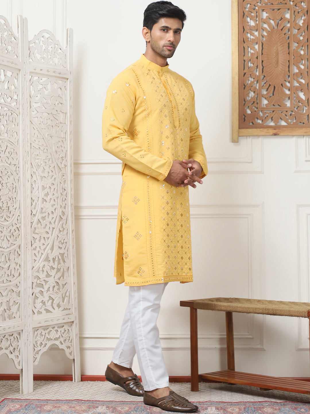 Embroidered &amp; Sequin Cotton Blend Kurta Pyjama Sets