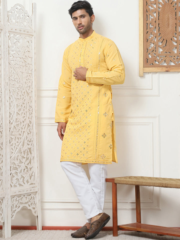 Embroidered &amp; Sequin Cotton Blend Kurta Pyjama Sets